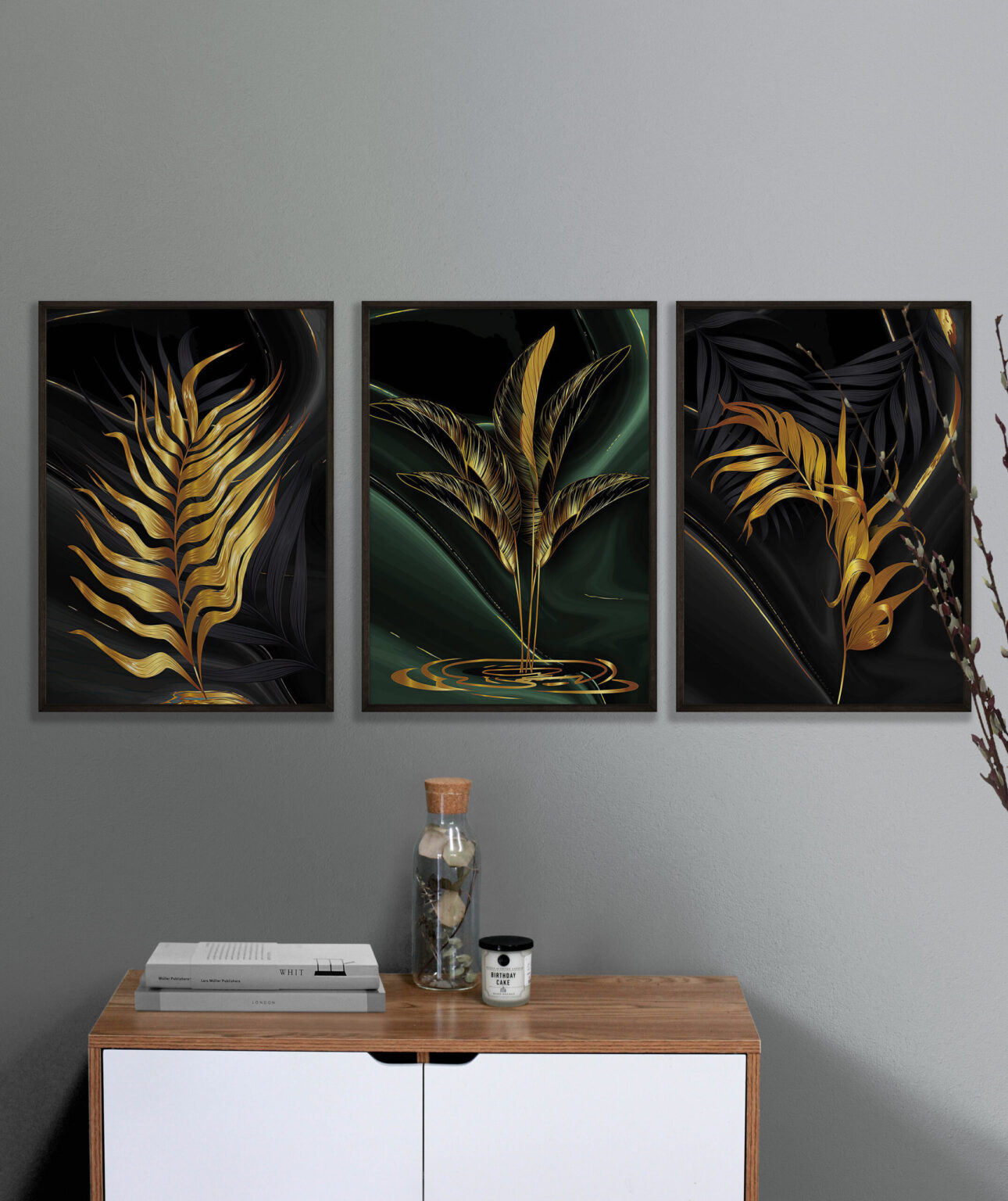 Trio de Quadros Decorativos Folhagem Dourada e Preto
