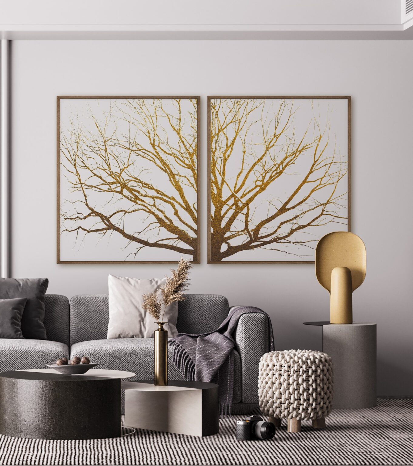 Dupla de Quadros Decorativos Floral Árvore Seca Dourada